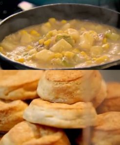 smoky bacon sweetcorn & potato soup with american style cheese biscuits